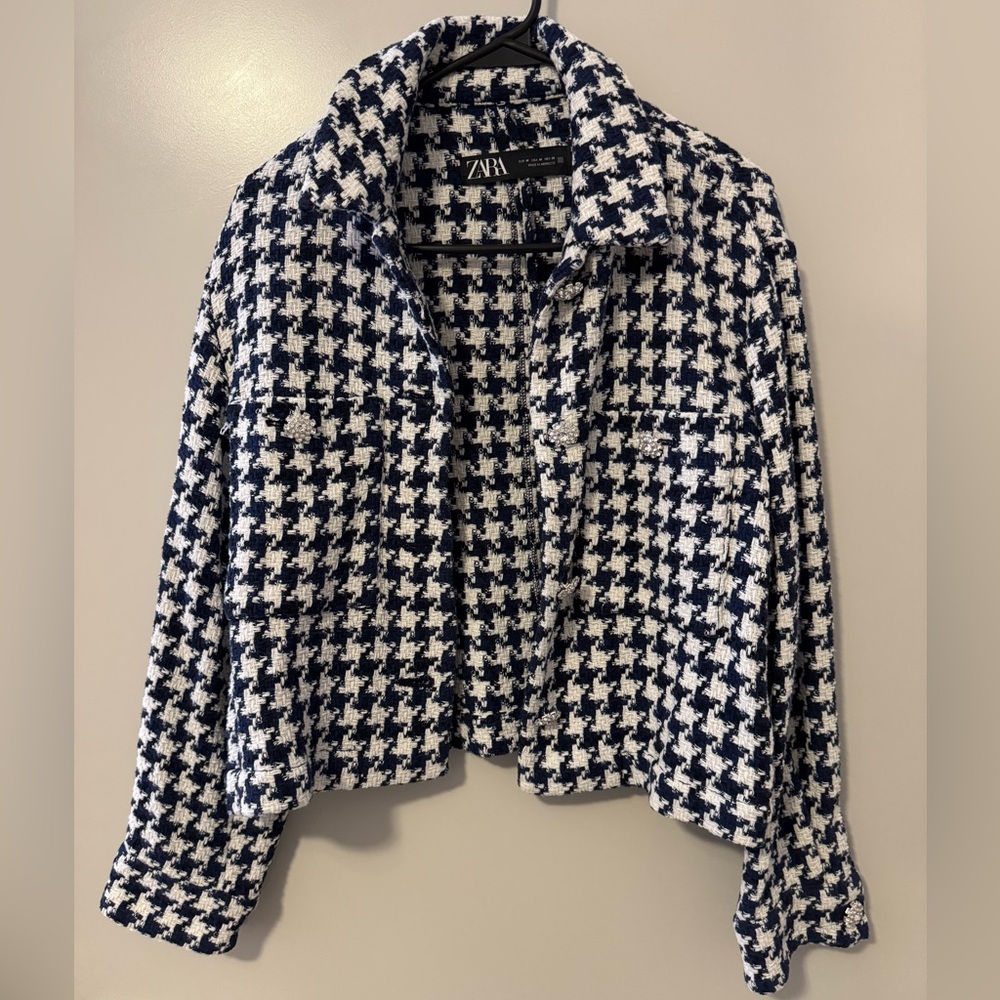 Zara Navy and Cream Textured Jacket